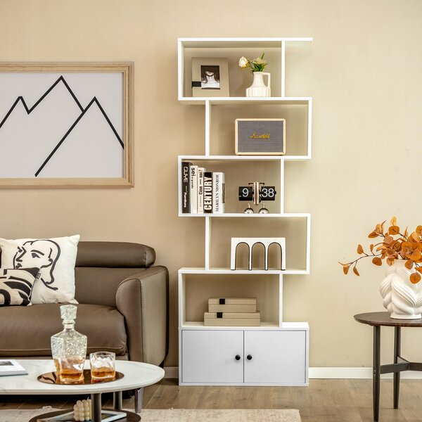 Costway Libreria a forma di S a 5 livelli con ante, Scaffale decorativo in legno per il soggiorno l'ufficio Bianco