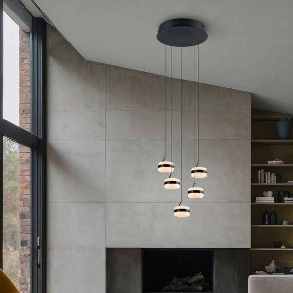 Trio Lighting Lampada LED a sospensione Dios, color nichel, Ø 45 cm, CCT, 5 luci. dimmerabile, Alluminio / Grigio / Zincato, Soggiorno / Sala da pranzo, Metallo, Moderno