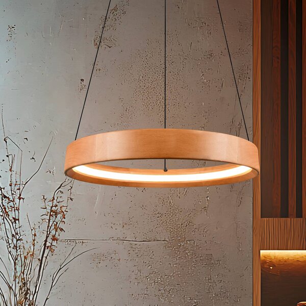 Trio Lighting Lampada LED a sospensione Lynwood, Ø 50 cm, color legno, dimmerabile, Legno chiaro, Soggiorno / Sala da pranzo, Legno