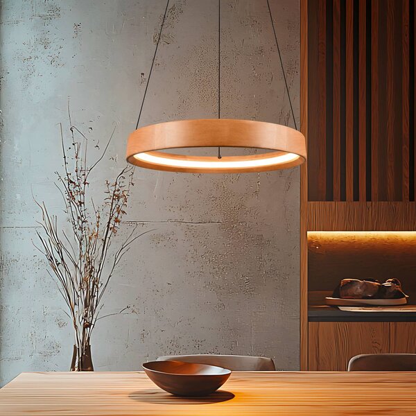 Trio Lighting Lampada LED a sospensione Lynwood, Ø 50 cm, color legno, dimmerabile, Legno chiaro, Soggiorno / Sala da pranzo, Legno