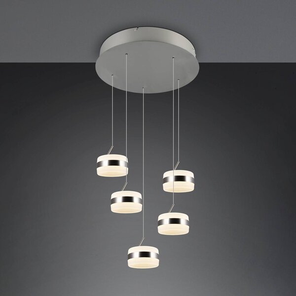 Trio Lighting Lampada LED a sospensione Dios, color nichel, Ø 45 cm, CCT, 5 luci. dimmerabile, Alluminio / Grigio / Zincato, Soggiorno / Sala da pranzo, Metallo, Moderno