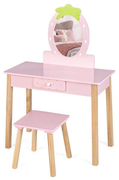 Costway Set vanità per bambini 2 in 1 in legno con sgabello specchio a forma di fragola cassetto, Set da trucco Rosa
