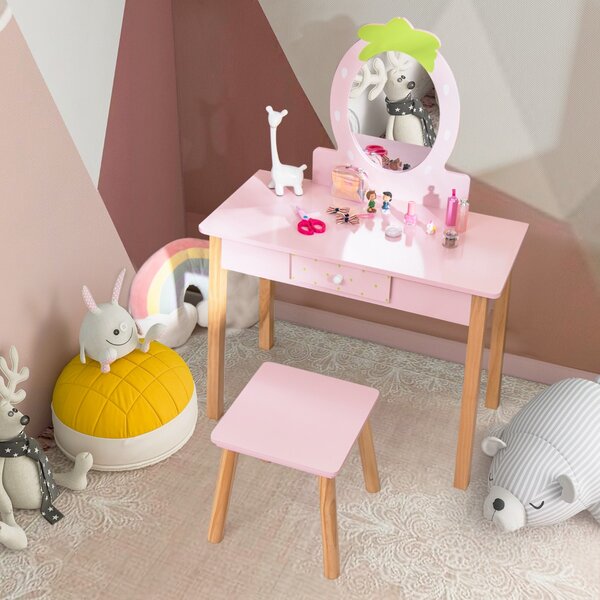 Costway Set vanità per bambini 2 in 1 in legno con sgabello specchio a forma di fragola cassetto, Set da trucco Rosa