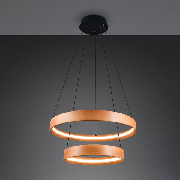 Trio Lighting Lampada LED a sospensione Lynwood, Ø 60 cm, color legno, 2 luci. dimmerabile, Legno chiaro, Soggiorno / Sala da pranzo, Legno
