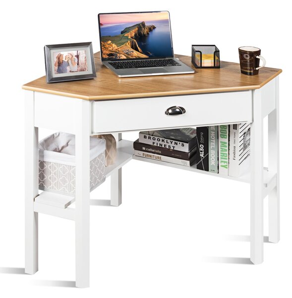 Costway Scrivania angolare in legno per computer con cassetto e mensole, Postazione di lavoro salvaspazio per PC Naturale