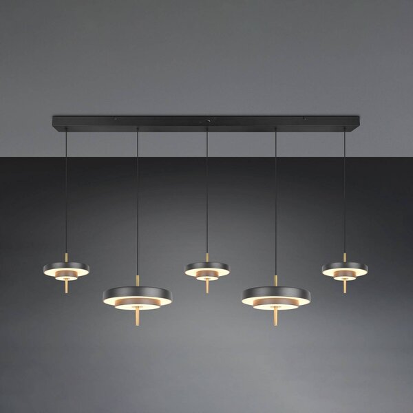 Trio Lighting Lampada LED a sospensione Keaton, nero/oro 140 cm CCT, 5 luci. dimmerabile, Nero, Soggiorno / Sala da pranzo, Metallo