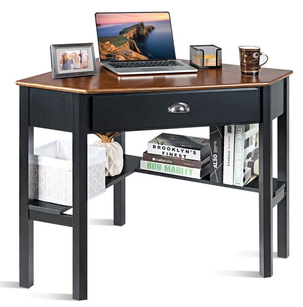 Costway Scrivania angolare in legno per computer con cassetto e mensole, Postazione di lavoro salvaspazio per PC Marrone