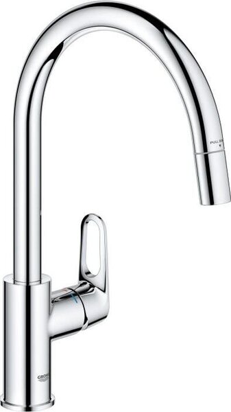 Rubinetto da cucina, cromato, bocca a C alta, aeratore estraibile, orientabile a 360°, limitatore di portata, GROHE Start Flow