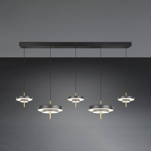 Trio Lighting Lampada LED a sospensione Keaton, nero/oro 140 cm CCT, 5 luci. dimmerabile, Nero, Soggiorno / Sala da pranzo, Metallo