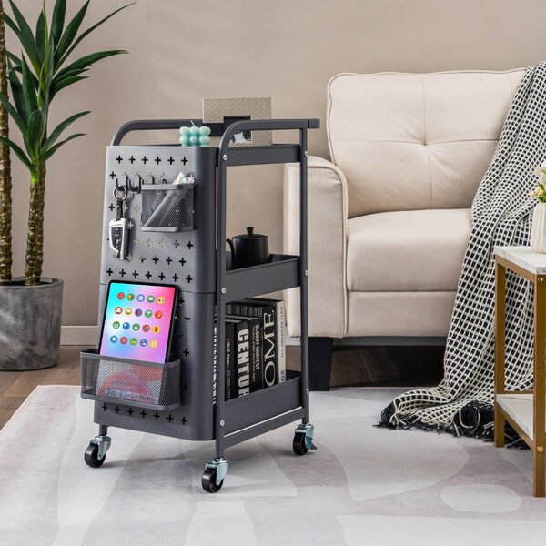 Costway Carrello multiuso a 3 livelli con 2 cestini 4 ganci, Carrello organizzatore di stoccaggio per cucina Grigio