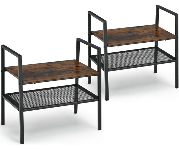 Costway Set di 2 scaffali compatti a 2 livelli in legno e rete metallica, Scaffali di stoccaggio impilabile per salotto
