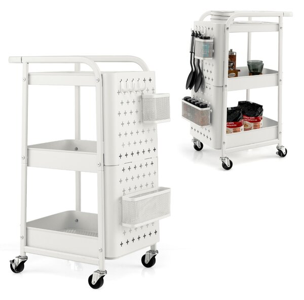 Costway Carrello multiuso a 3 livelli con 2 cestini 4 ganci, Carrello organizzatore di stoccaggio per cucina Bianco