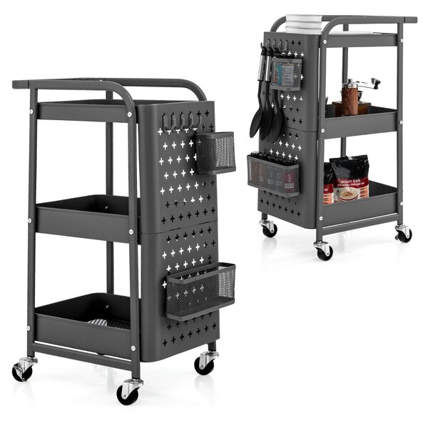 Costway Carrello multiuso a 3 livelli con 2 cestini 4 ganci, Carrello organizzatore di stoccaggio per cucina Grigio