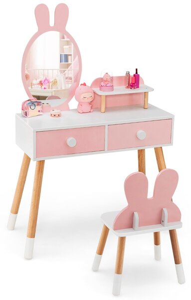 Costway Toeletta con specchio a forma di coniglio per bambini, Set tavolo e sedia toeletta con cassetti e sgabello Rosa