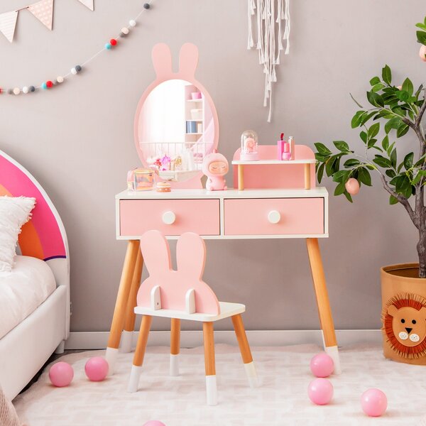 Costway Toeletta con specchio a forma di coniglio per bambini, Set tavolo e sedia toeletta con cassetti e sgabello Rosa