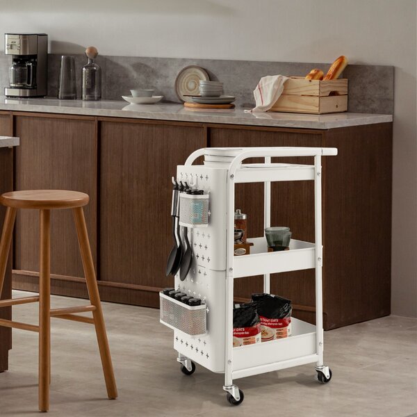 Costway Carrello multiuso a 3 livelli con 2 cestini 4 ganci, Carrello  organizzatore di stoccaggio per cucina Bianco