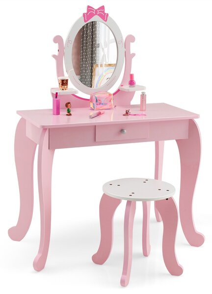 Costway Set toeletta con specchio per bambini 3-7 anni, Tavolo con cassetti e sgabello imbottito 70x34x101cm Rosa
