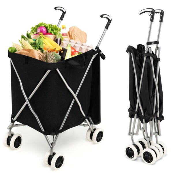 Costway Carrello pieghevole con ruote fodera in tessuto oxford rimovibile impermeabile, Carrello della spesa leggera Nero