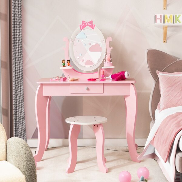 Costway Set toeletta con specchio per bambini 3-7 anni, Tavolo con cassetti e sgabello imbottito 70x34x101cm Rosa