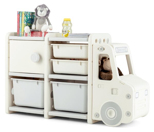 Costway Organizer per giocattoli con scatole 2 livelli per bambini, Scaffale multilivello in HDPE a forma di camion Beige