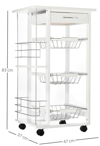 HOMCOM Carrello da Cucina con Cassetto, 3 Cesti Estraibili e 4 Ruote in Legno di Pino e Metallo, Bianco|Aosom