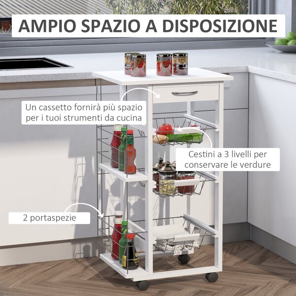 HOMCOM Carrello da Cucina con Cassetto, 3 Cesti Estraibili e 4 Ruote in Legno di Pino e Metallo, Bianco|Aosom
