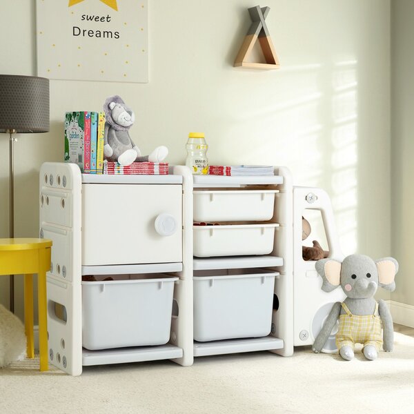 Costway Organizer per giocattoli con scatole 2 livelli per bambini, Scaffale multilivello in HDPE a forma di camion Beige