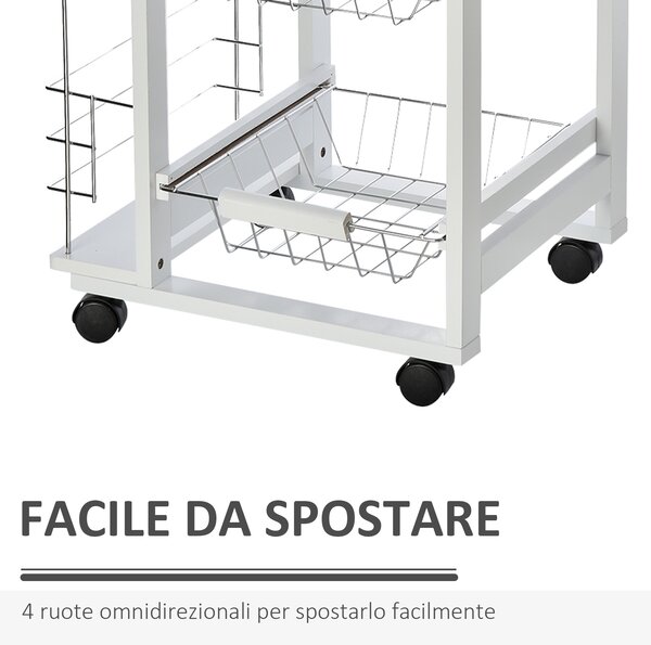 HOMCOM Carrello da Cucina con Cassetto, 3 Cesti Estraibili e 4 Ruote in Legno di Pino e Metallo, Bianco|Aosom