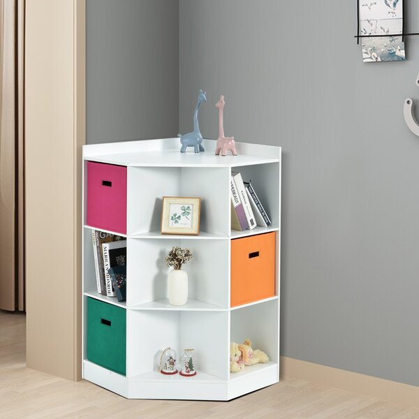 Costway Armadio ad angolo con tre cestini colorati, Organizzatore in legno 81x61x94cm Bianco