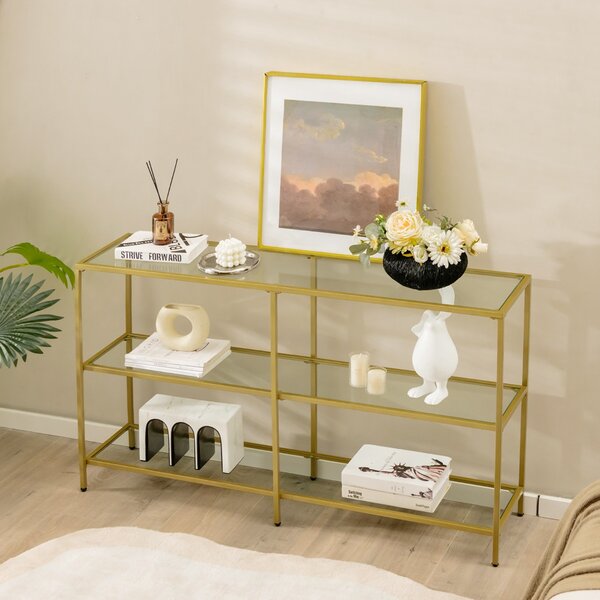 Tavolino da salotto a 2 livelli con telaio in metallo, Tavolino  rettangolare in vetro temperato da soggiorno Oro - Costway