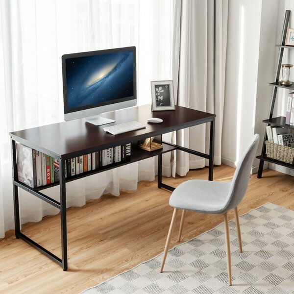 Costway Scrivania industriale per computer 140cm, Tavolo da scrittura contemporaneo con ripiano portaoggetti Caffè