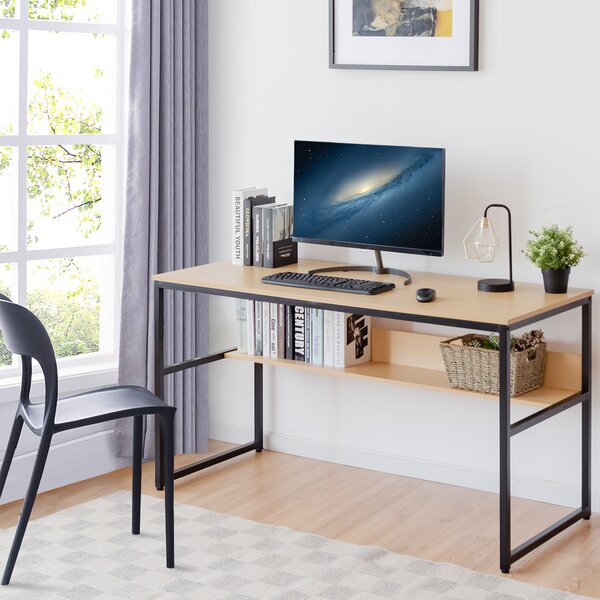Costway Scrivania industriale per computer 140cm, Tavolo da scrittura contemporaneo con ripiano portaoggetti Naturale