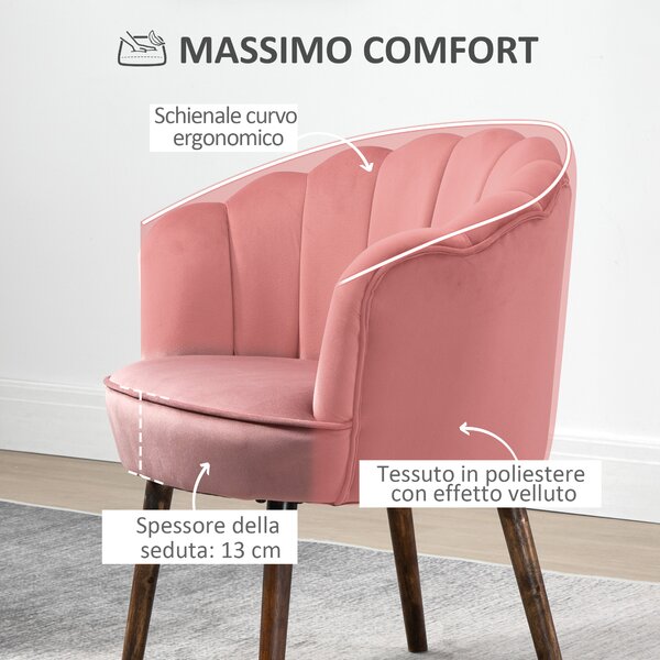 HOMCOM Poltrona Imbottita con Schienale a Conchiglia e Gambe in Legno, Poltrona in Velluto per Salotto e Camera, 66x66x78.5cm, Rosa