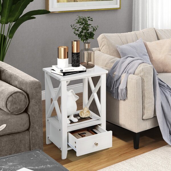 Costway Comodino da letto con cassetto e scompartimento, Tavolino da salotto in legno 40x30x61,5cm Bianco