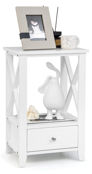 Costway Comodino da letto con cassetto e scompartimento, Tavolino da salotto in legno 40x30x61,5cm Bianco