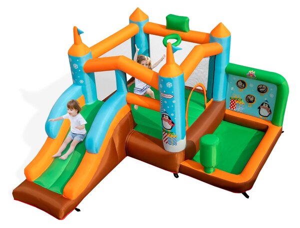 Costway Castello gonfiabile per bambini a tema pinguini con scivolo, Casa gonfiabile per interni ed esterni