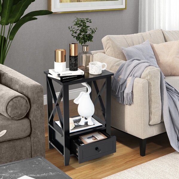 Costway Comodino da letto con cassetto e scompartimento, Tavolino da salotto in legno 40x30x61,5cm Nero