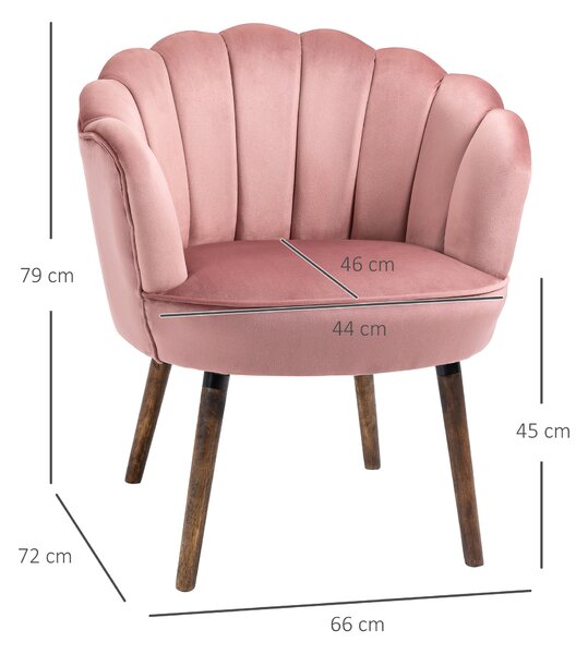 HOMCOM Poltrona Imbottita con Schienale a Conchiglia e Gambe in Legno, Poltrona in Velluto per Salotto e Camera, 66x66x78.5cm, Rosa