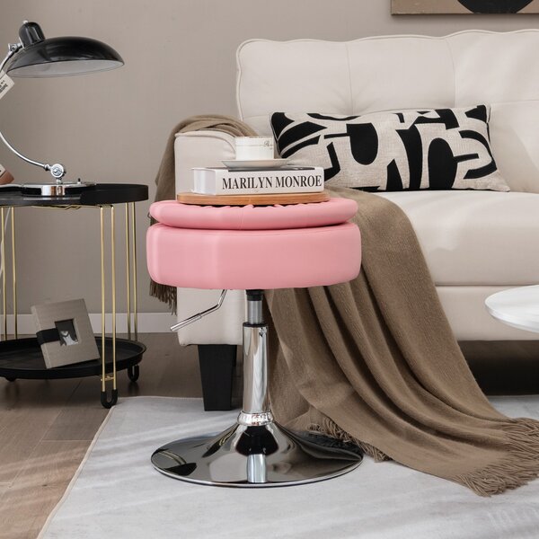 Costway Sgabello girevole a 360° per vanità con portaoggetti, Sedia in pelle PU regolabile in altezza da 51-66cm Rosa