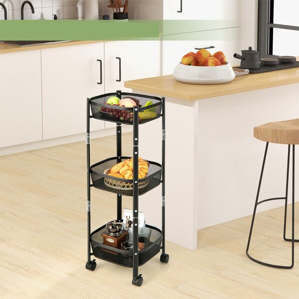 Costway Carrello pieghevole a 3 livelli per cesto di frutta verdura in metallo, Carrello organizzatore per cucina Nero