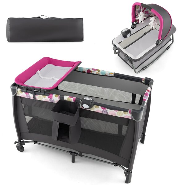 Costway Culla da viaggio per neonati con ripiano carillon e ruote, Lettino campeggio pieghevole con fasciatoio Rosa