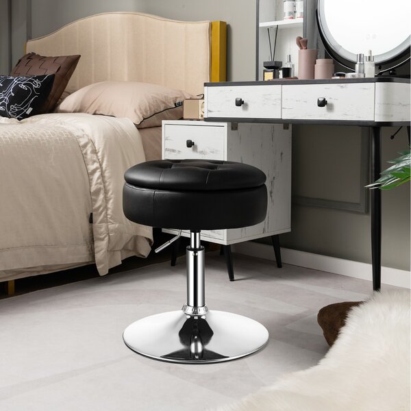 Costway Sgabello girevole a 360° per vanità con portaoggetti, Sedia in pelle PU regolabile in altezza da 51-66cm Nero