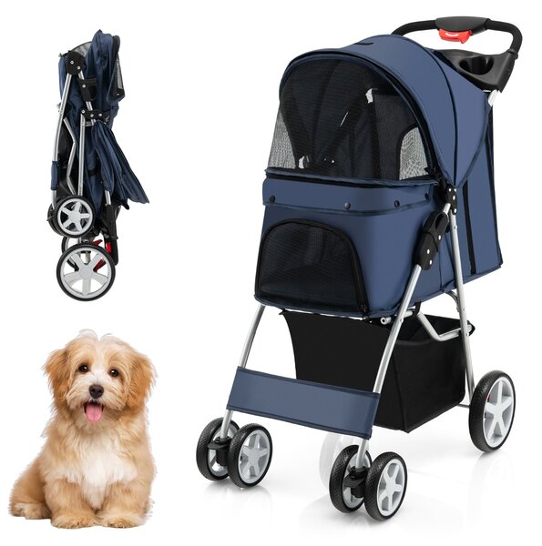 Costway Passeggino per animali domestici a 4 ruote con cestino portaoggetti, Trasportino da viaggio portatile Blu scuro