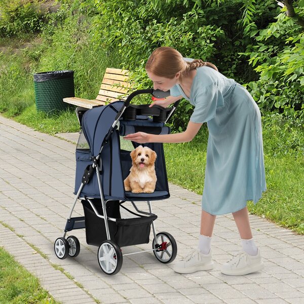 Costway Passeggino per animali domestici a 4 ruote con cestino portaoggetti, Trasportino da viaggio portatile Blu scuro