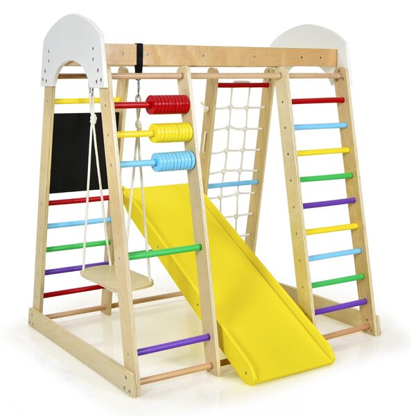 Costway Set arrampicata 8 in 1 per bambini con abaco e altalena, Set arrampicata di legno con scivolo e scala Colorato
