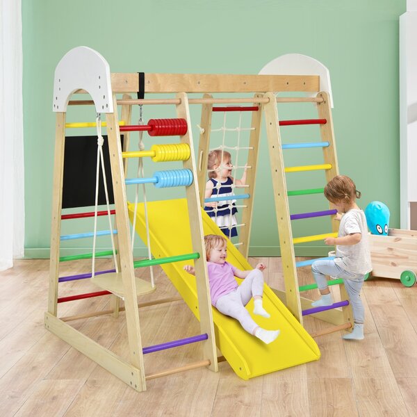 Costway Set arrampicata 8 in 1 per bambini con abaco e altalena, Set arrampicata di legno con scivolo e scala Colorato