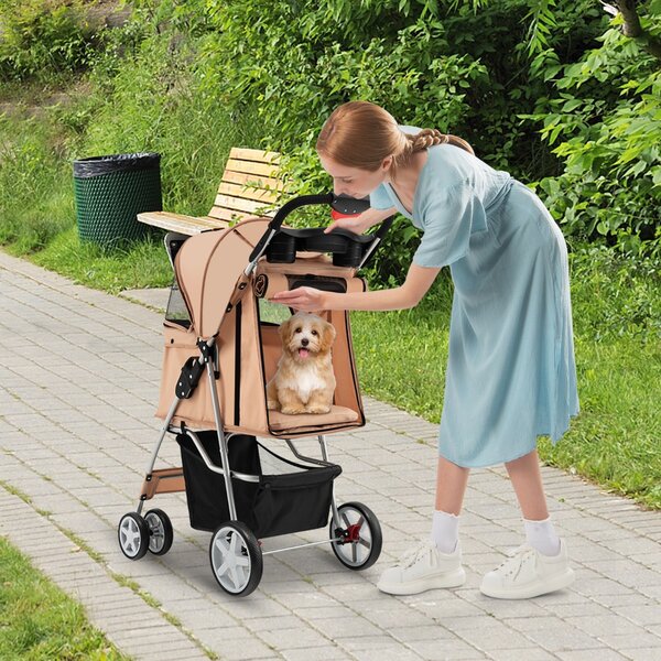 Costway Passeggino per animali domestici a 4 ruote con cestino portaoggetti, Trasportino da viaggio portatile Beige