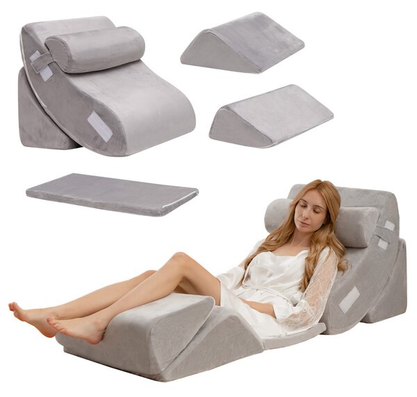 Costway Cuscino a cuneo regolabile da 6 pezzi, Set di cuscini in memory foam per alleviare il dolore alla schiena Grigio