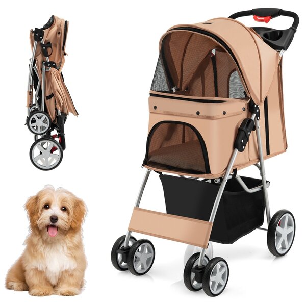 Costway Passeggino per animali domestici a 4 ruote con cestino portaoggetti, Trasportino da viaggio portatile Beige