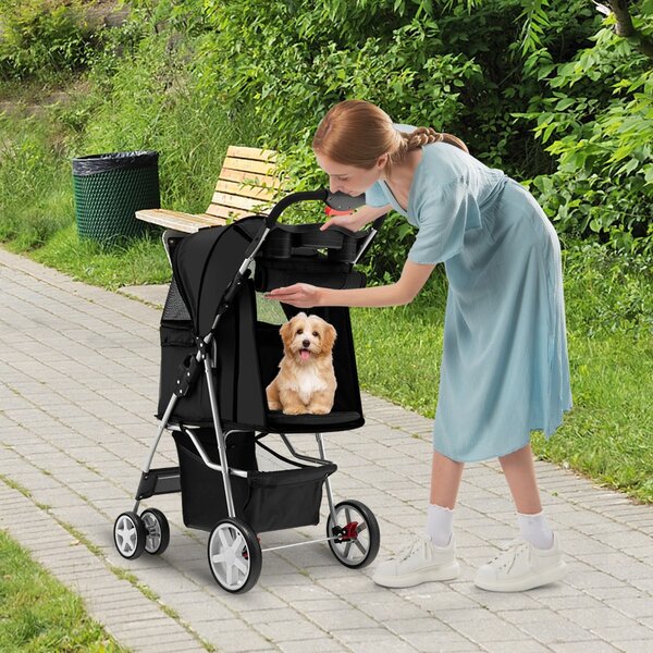 Costway Passeggino per animali domestici a 4 ruote con cestino portaoggetti, Trasportino da viaggio portatile Nero
